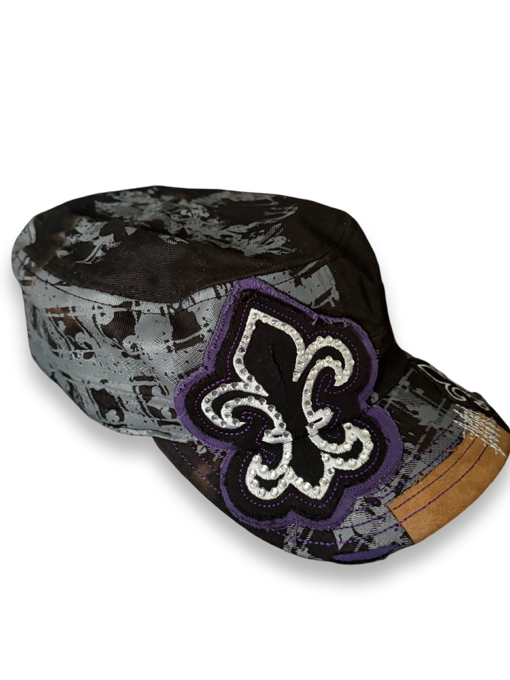 Vintage Black & Purple Fleur-de-Lis Military Cap